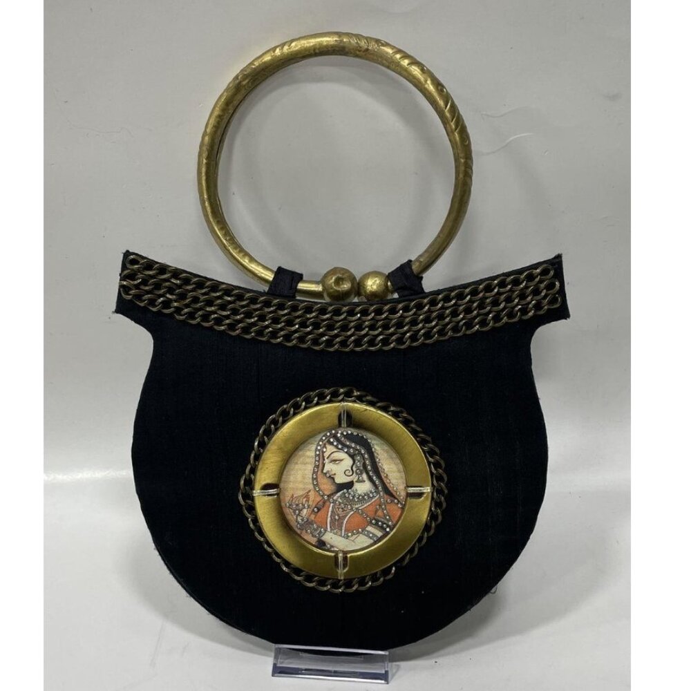 Unique Vintage Black Clutch with Brass Ring Handle and Medallion